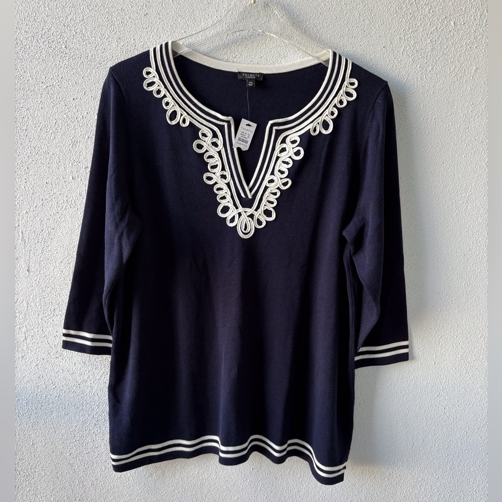 Talbots Embellished Split Neck Navy Sweater Size 1X Petite 3/4 Sleeves Casual - Picture 4 of 11